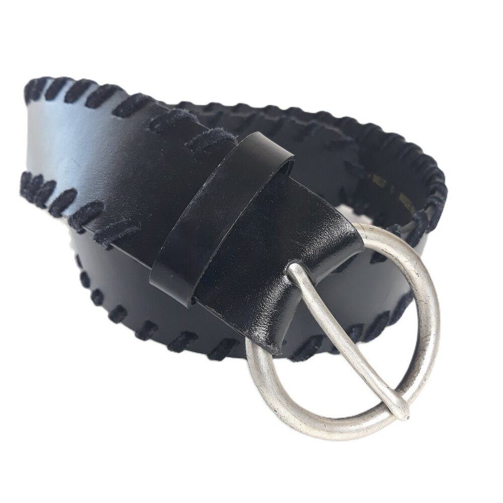 Black Leather Whipstitch Belt S by Perry Ellis Western Rodeo Boho